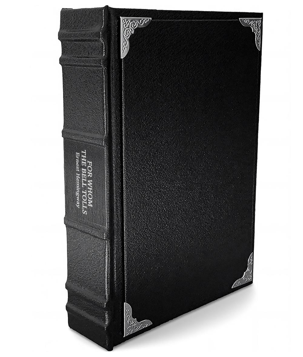 For Whom the Bell Tolls by Ernest Hemingway - Luxury Gothic Leather-Bound Book - angled front-and-spine hero view