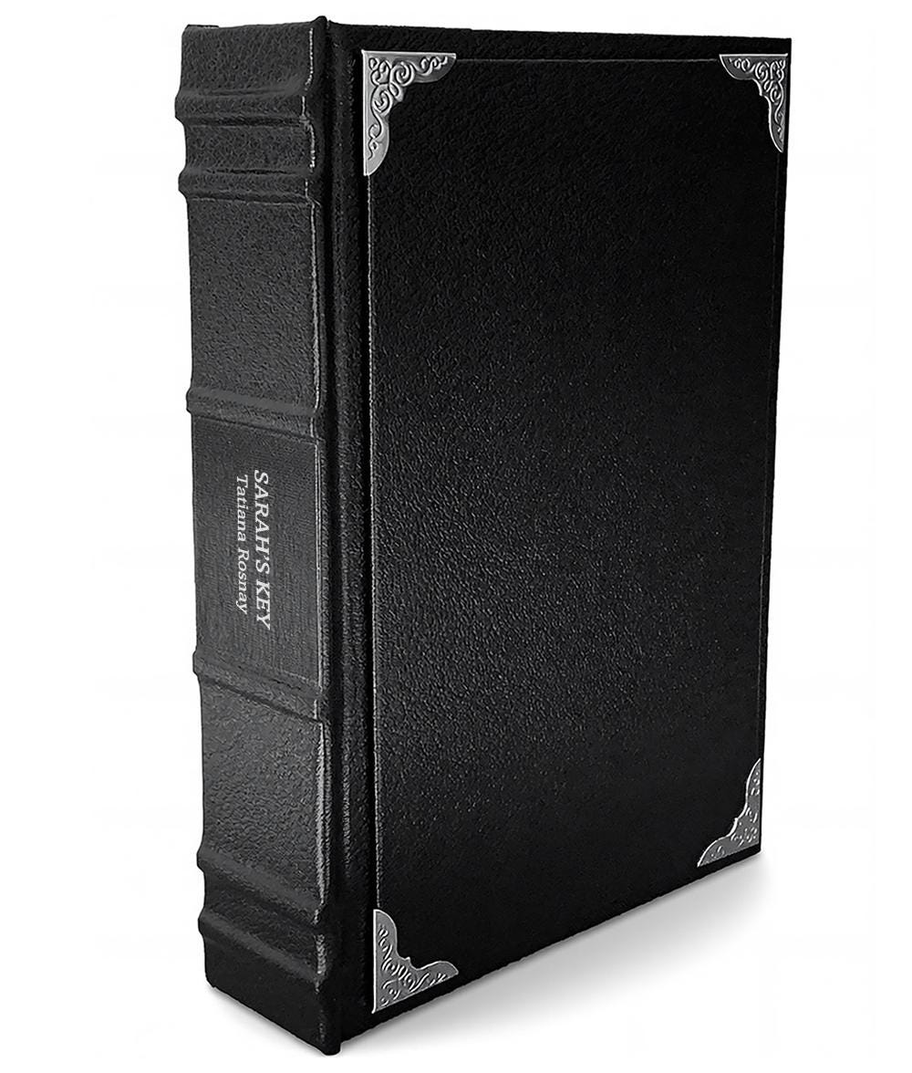 Sarah's Key by Tatiana Rosnay - Luxury Gothic Leather-Bound Book - angled front-and-spine hero view