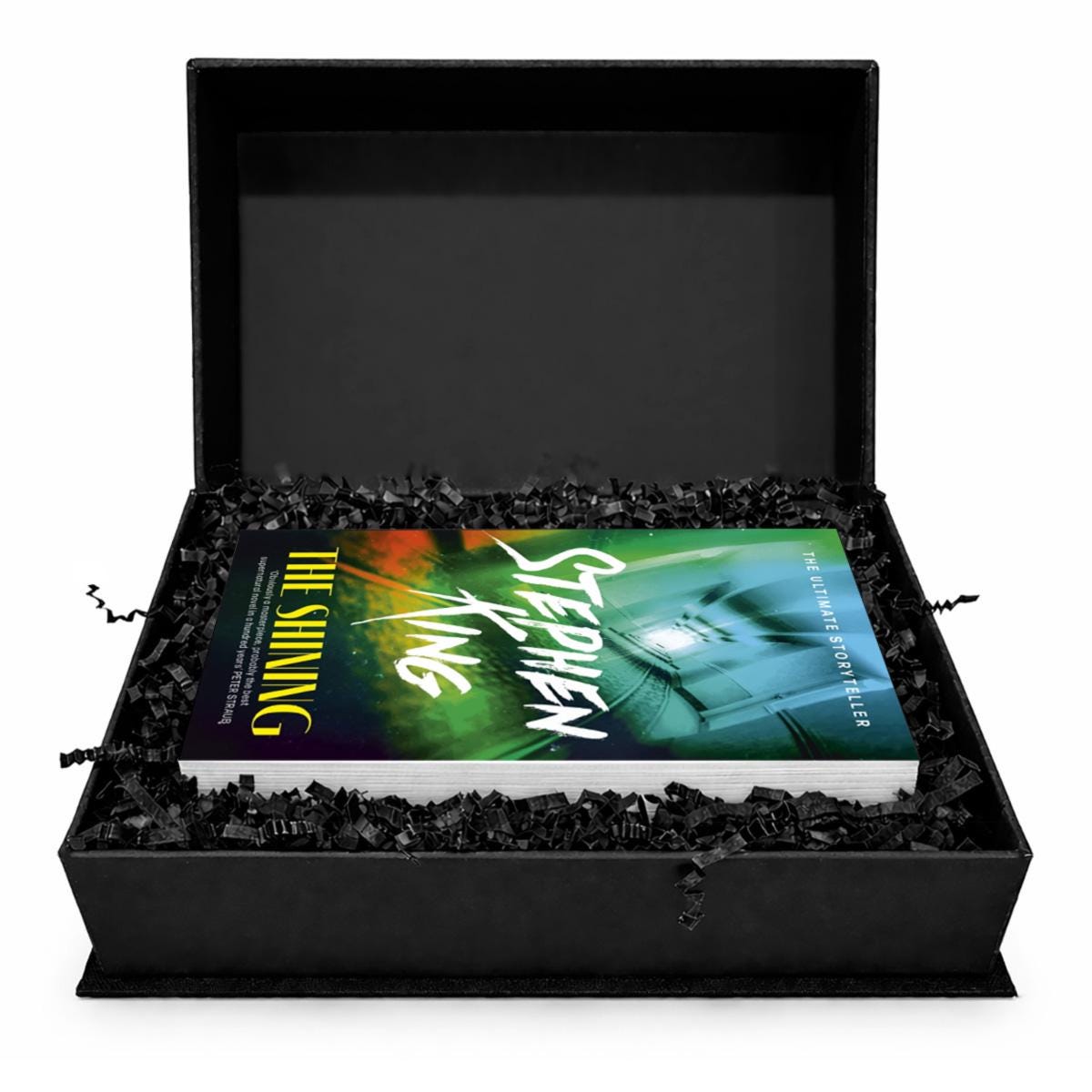The Shining by Stephen King - Clamshell Book Edition - open case with paperback